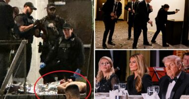 Trump rushed out of White House Correspondentsâ Dinner after shots fired outside ballroom, gunman down